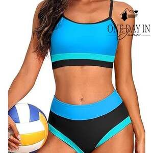 Charmo Colorblock Crop Top Bikini Swimsuit Blue Black High Waist NWT Size L